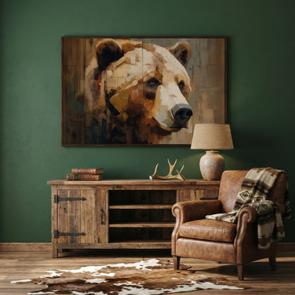 Grizzly Bear Portrait Canvas Wall Art, Cabin and Wildlife Decor in dark walnut floating frame