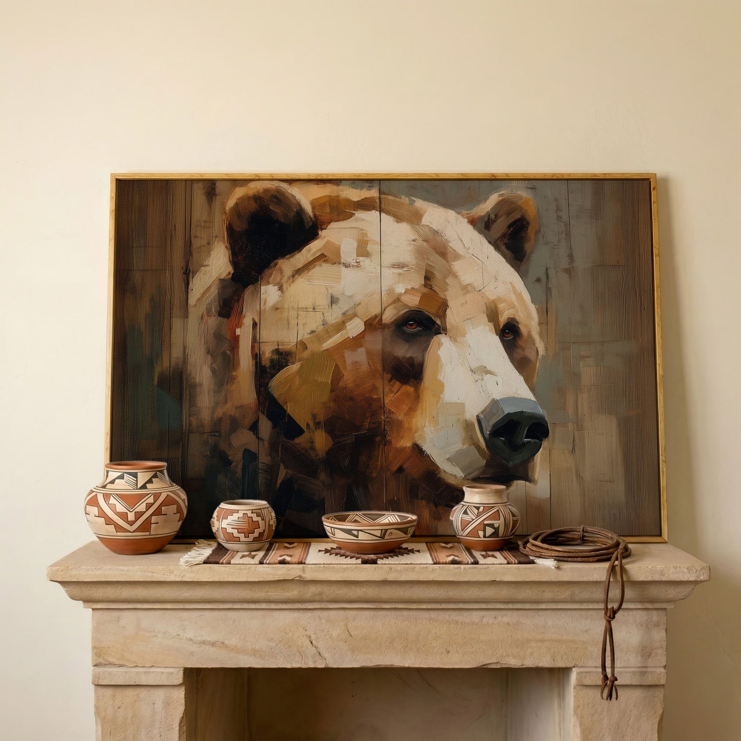 Grizzly Bear Portrait Canvas Wall Art, Cabin and Wildlife Decor in white oak floating frame