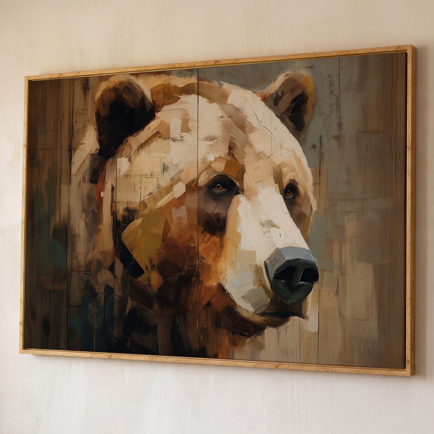 Grizzly Bear Portrait Canvas Wall Art, Cabin and Wildlife Decor shown in white oak floating frame