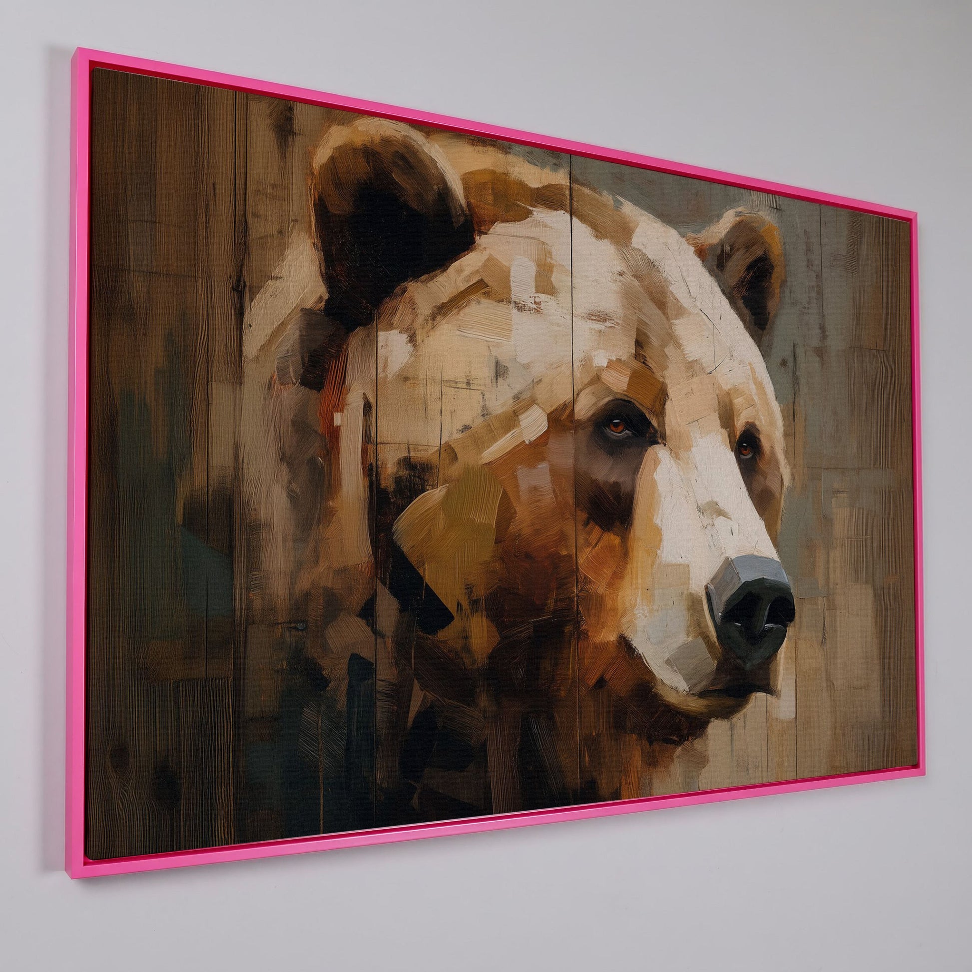 Grizzly Bear Portrait Canvas Wall Art, Cabin and Wildlife Decor in pink floating frame