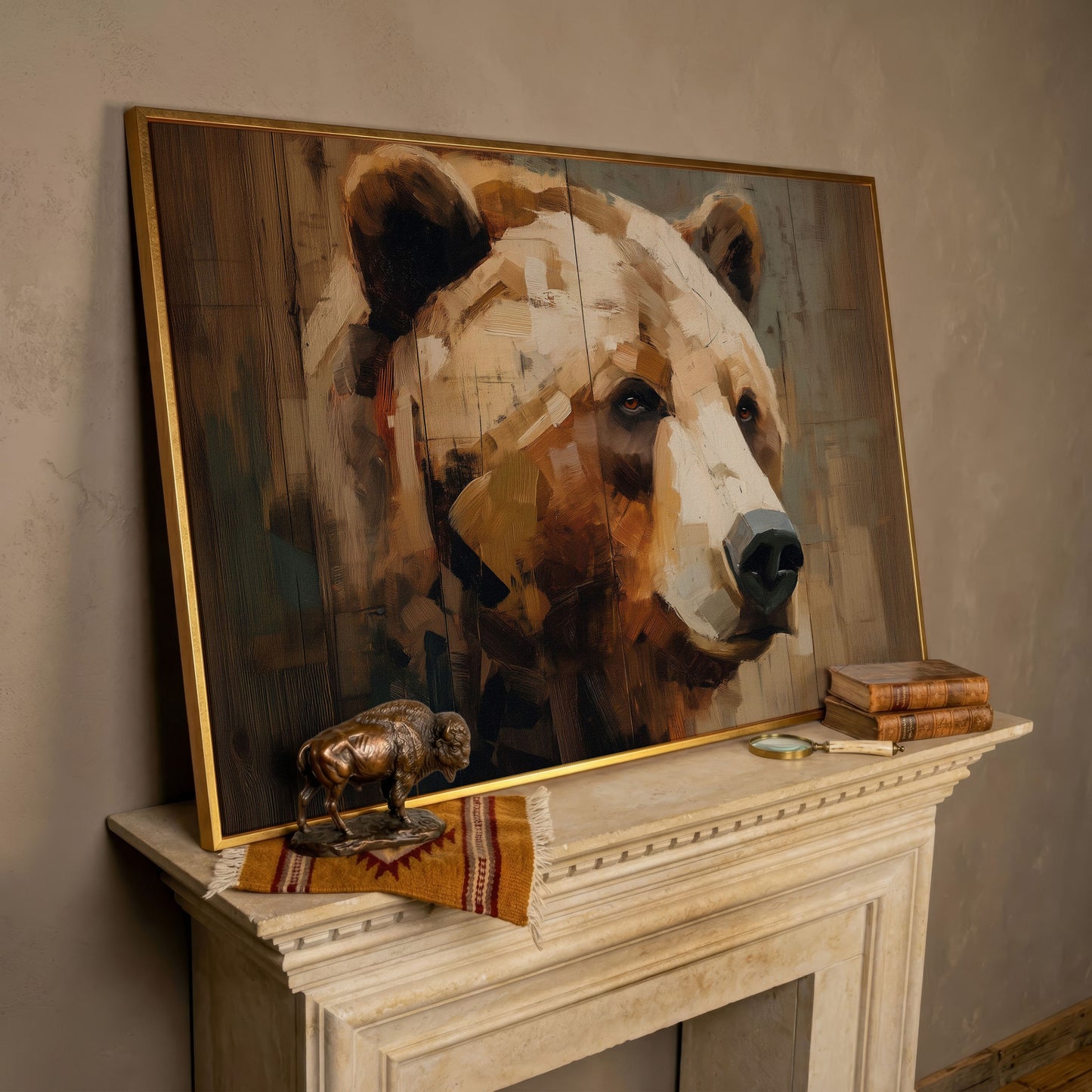 Grizzly Bear Portrait Canvas Wall Art, Cabin and Wildlife Decor in rose gold floating frame