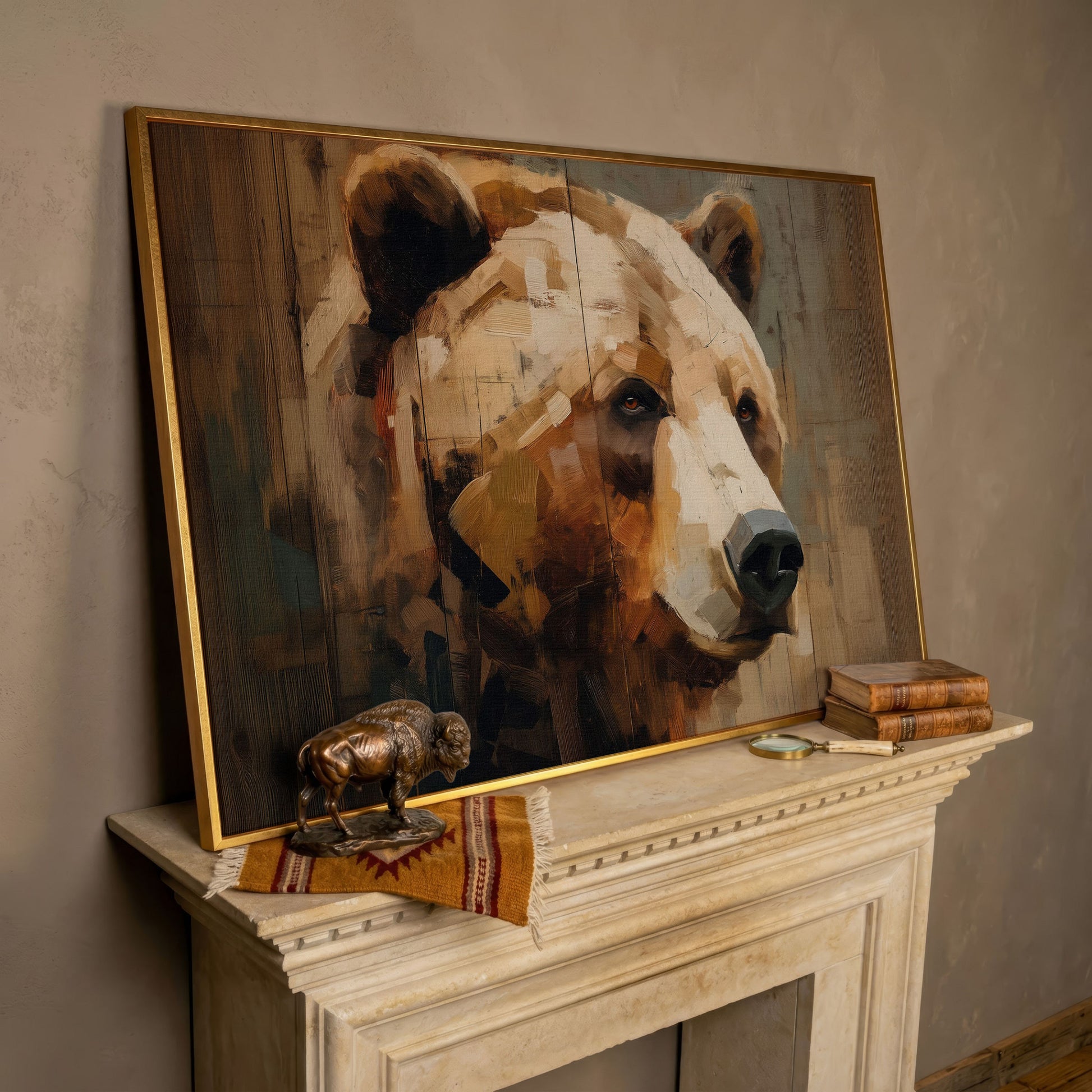 Grizzly Bear Portrait Canvas Wall Art, Cabin and Wildlife Decor in rose gold floating frame