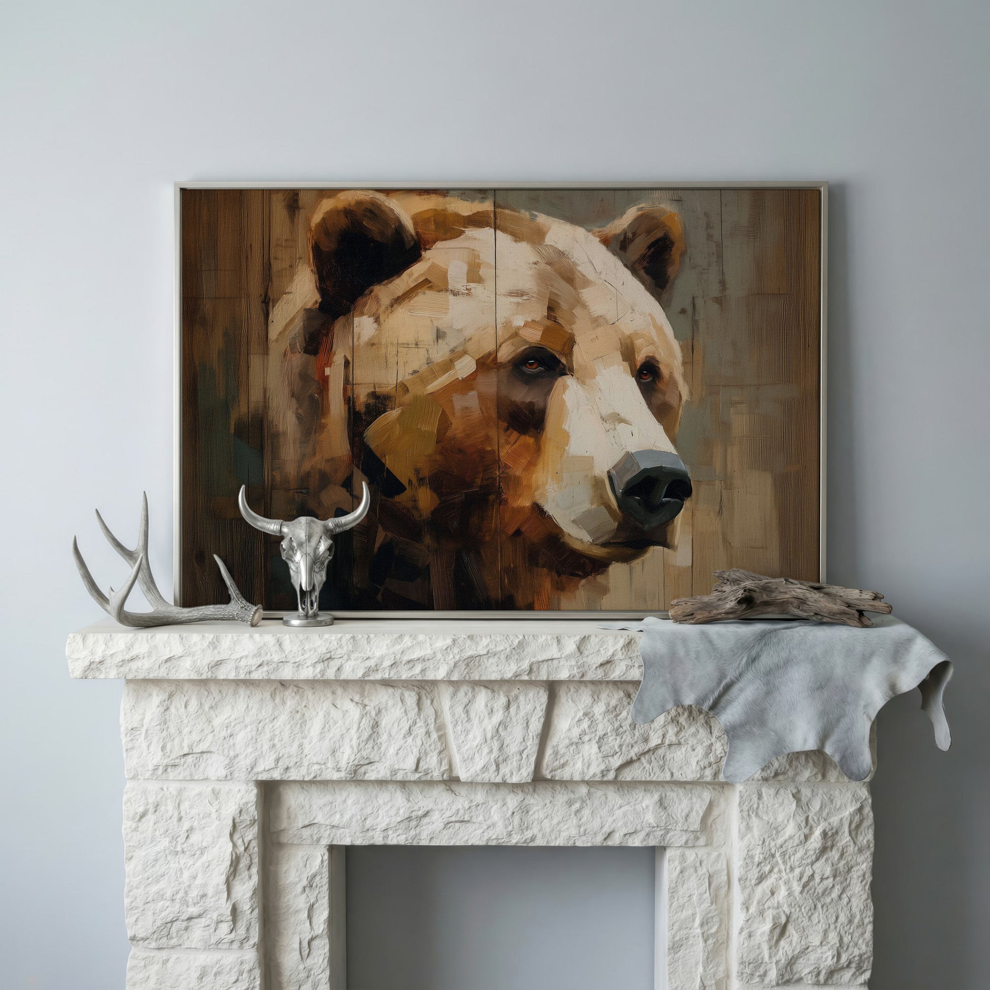 Grizzly Bear Portrait Canvas Wall Art, Cabin and Wildlife Decor in silver floating frame