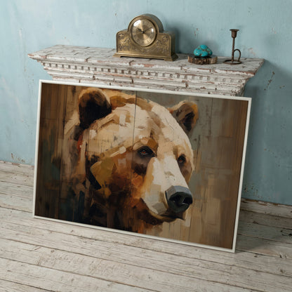 Grizzly Bear Portrait Canvas Wall Art, Cabin and Wildlife Decor in white floating frame