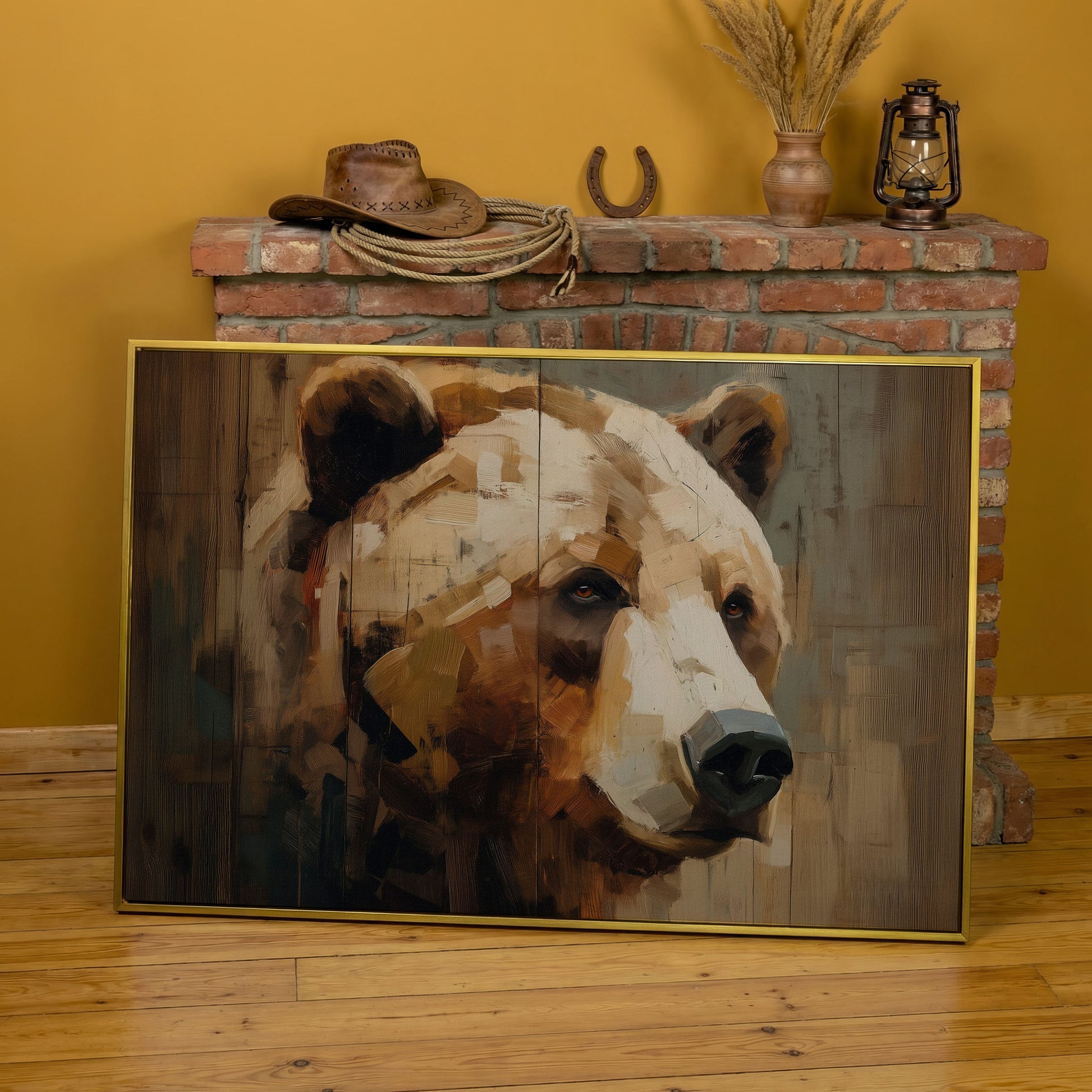 Grizzly Bear Portrait Canvas Wall Art, Cabin and Wildlife Decor in yellow gold floating frame