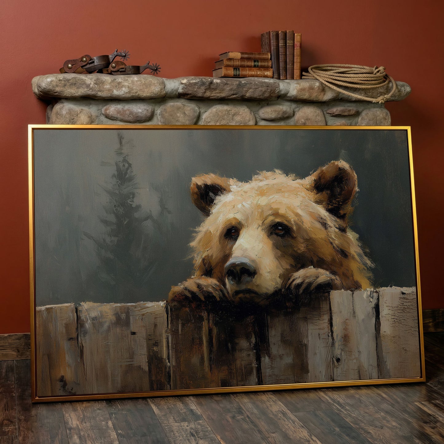 Brown Bear Peeking Over a Fence. Canvas Wall Art in antique gold floating frame