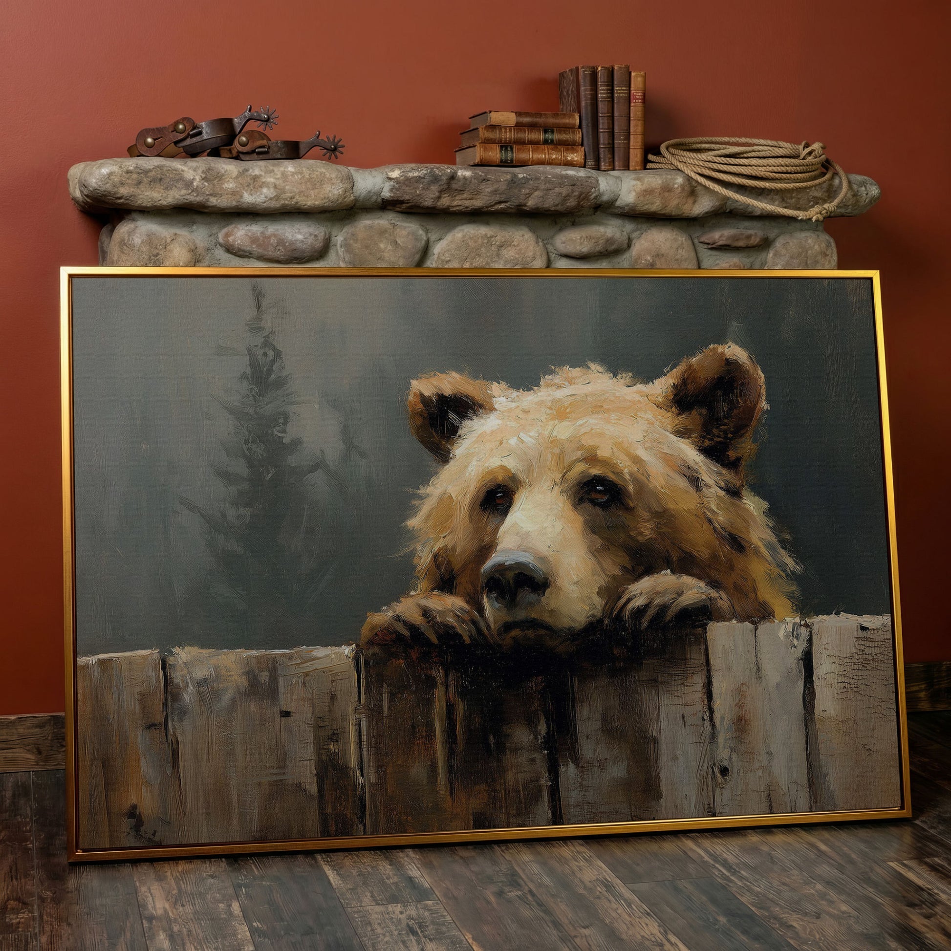 Brown Bear Peeking Over a Fence. Canvas Wall Art in antique gold floating frame