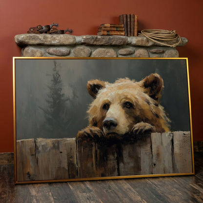 Brown Bear Peeking Over a Fence. Canvas Wall Art in antique gold floating frame