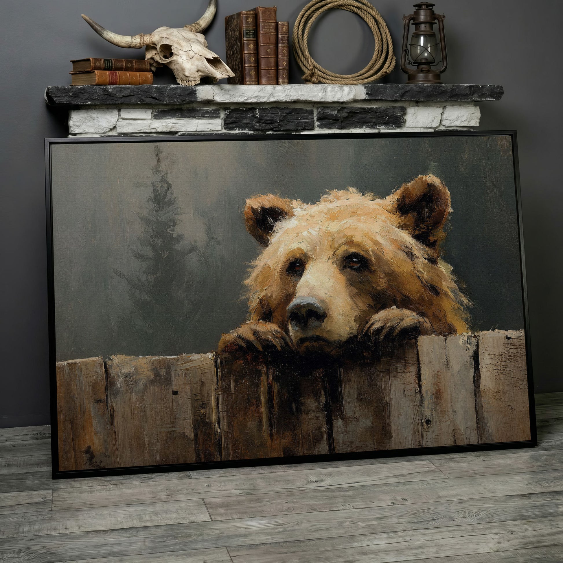 Brown Bear Peeking Over a Fence. Canvas Wall Art in black floating frame