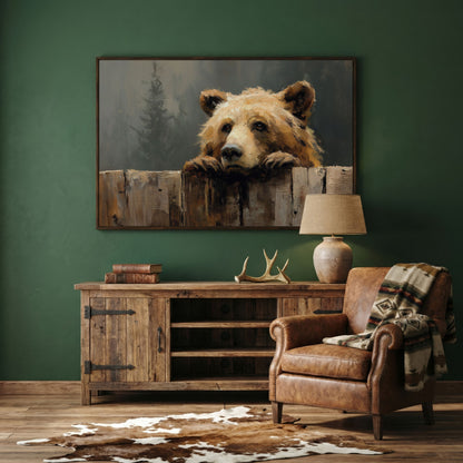 Brown Bear Peeking Over a Fence. Canvas Wall Art in dark walnut floating frame
