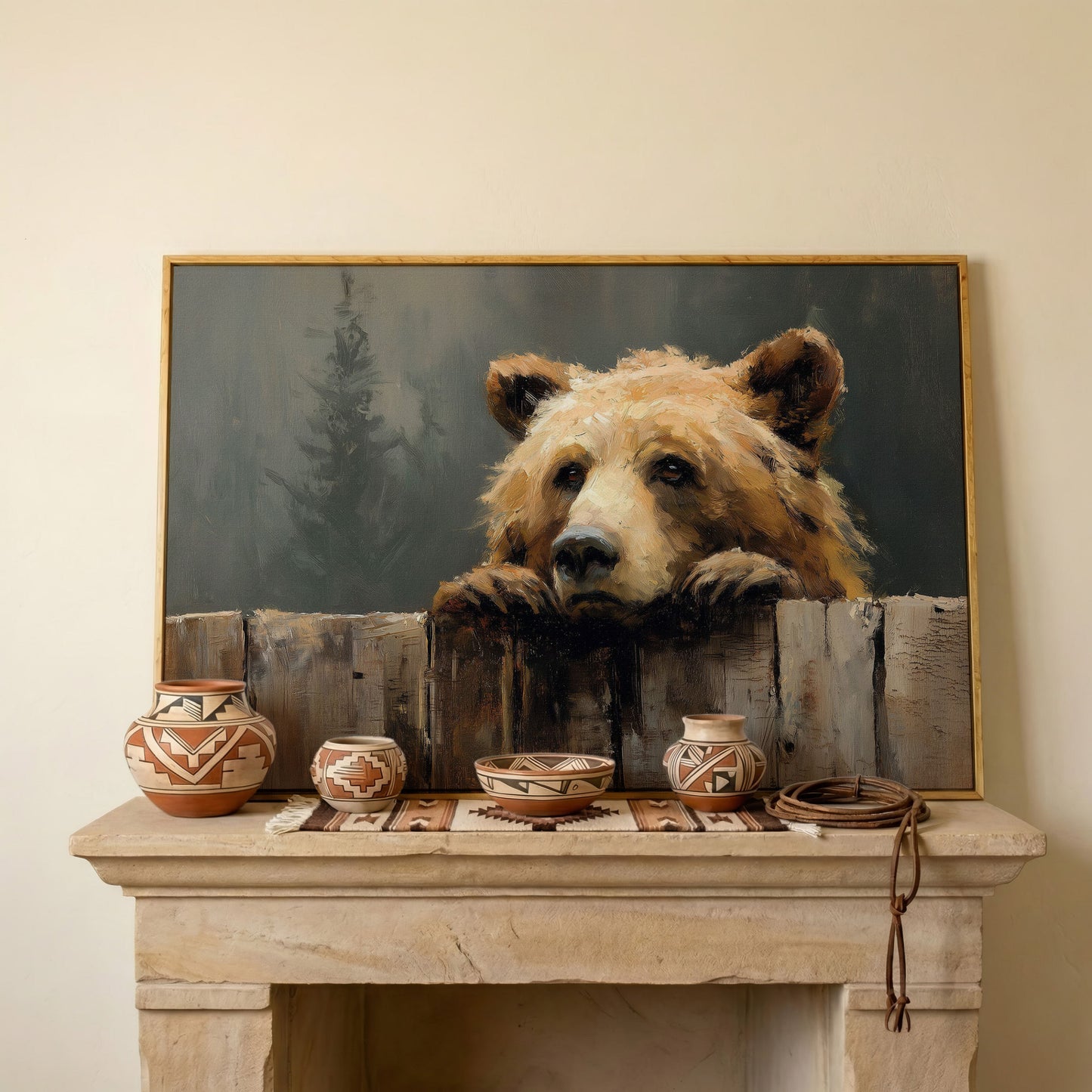 Brown Bear Peeking Over a Fence. Canvas Wall Art in white oak floating frame