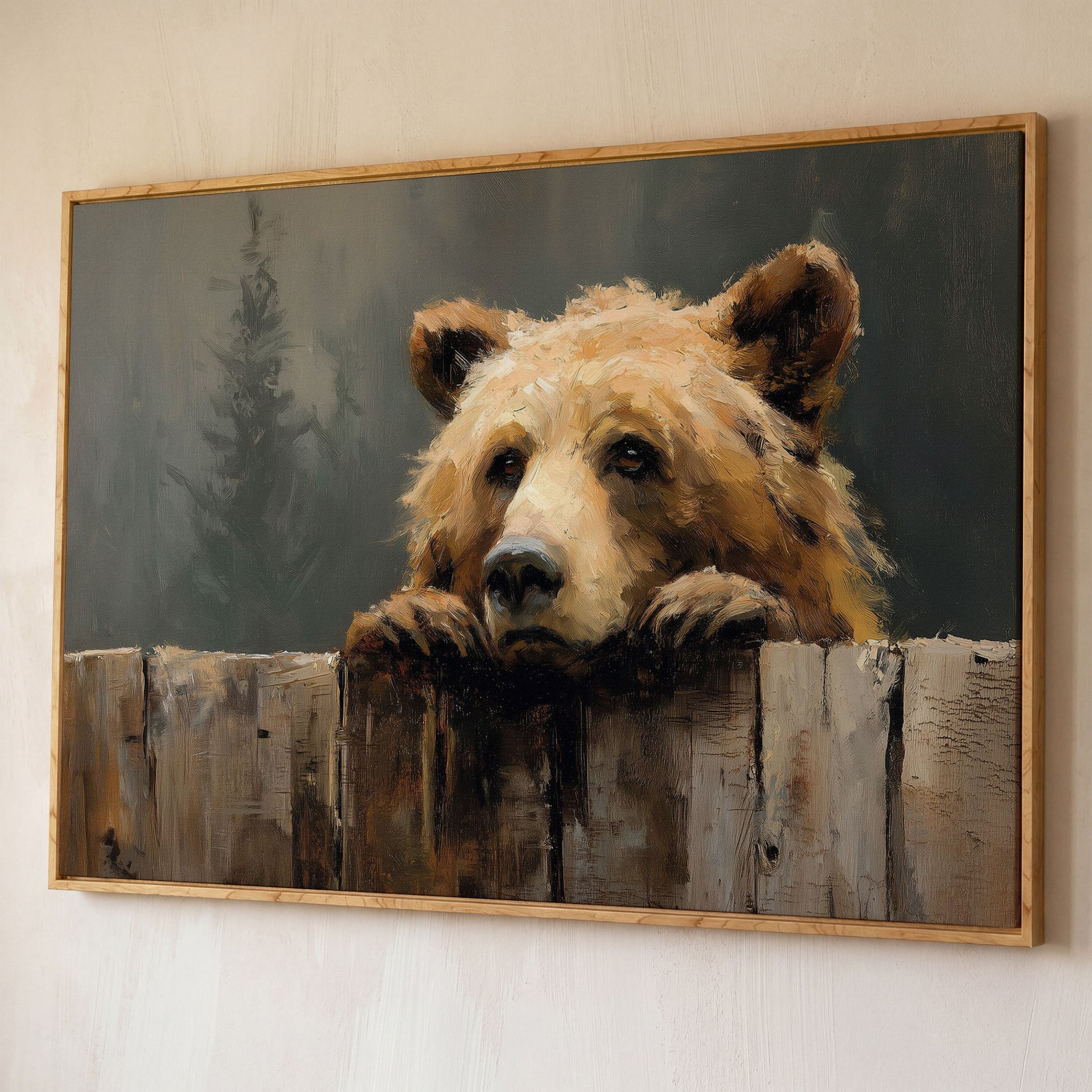 Brown Bear Peeking Over a Fence. Canvas Wall Art shown in white oak floating frame