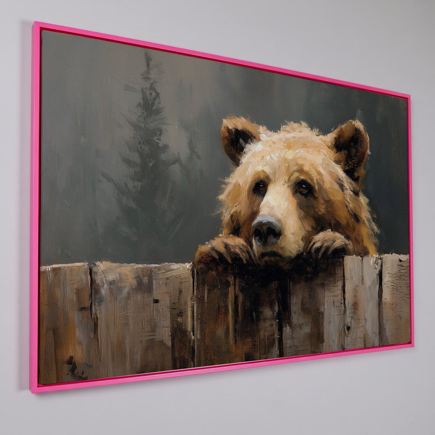Brown Bear Peeking Over a Fence. Canvas Wall Art in pink floating frame