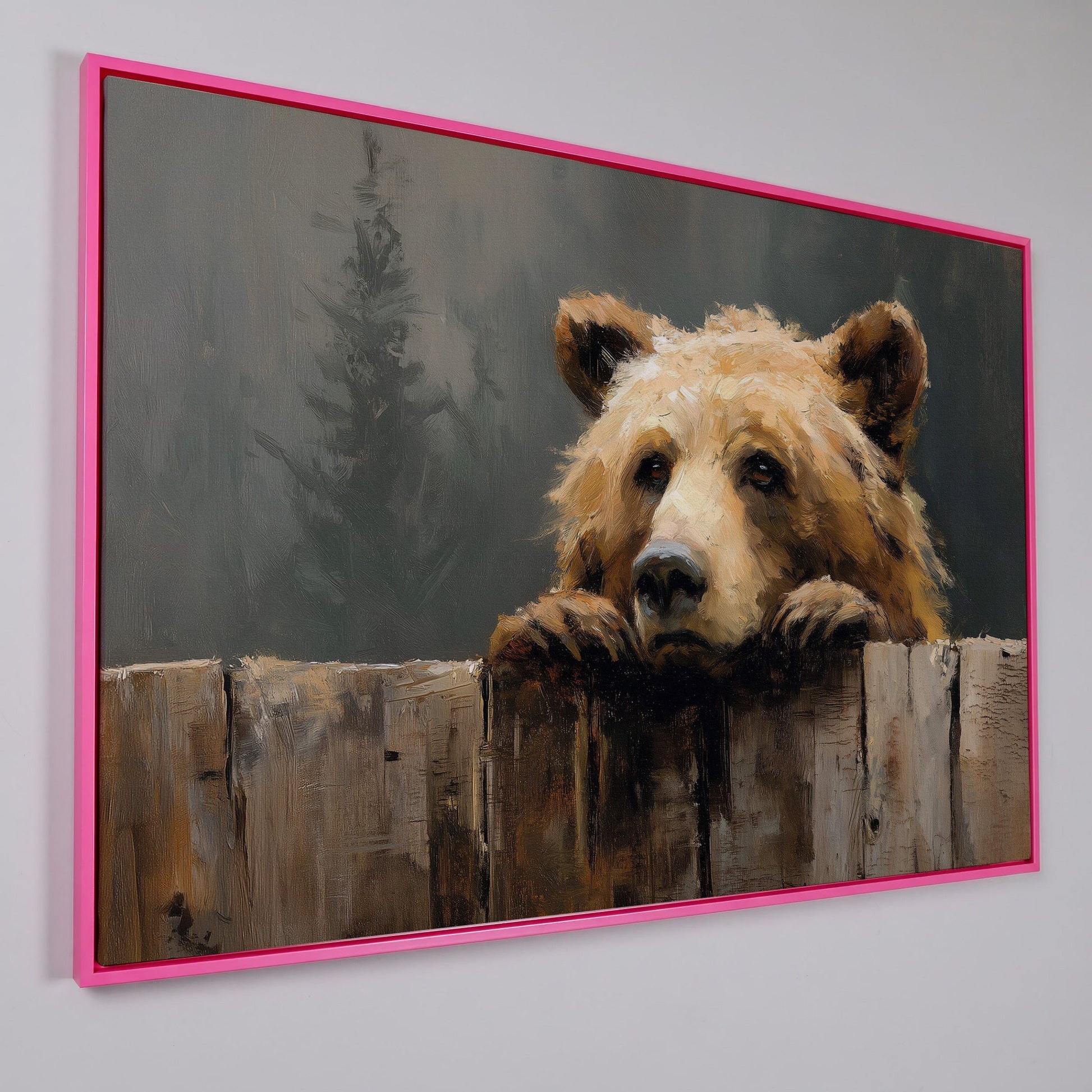 Brown Bear Peeking Over a Fence. Canvas Wall Art in pink floating frame