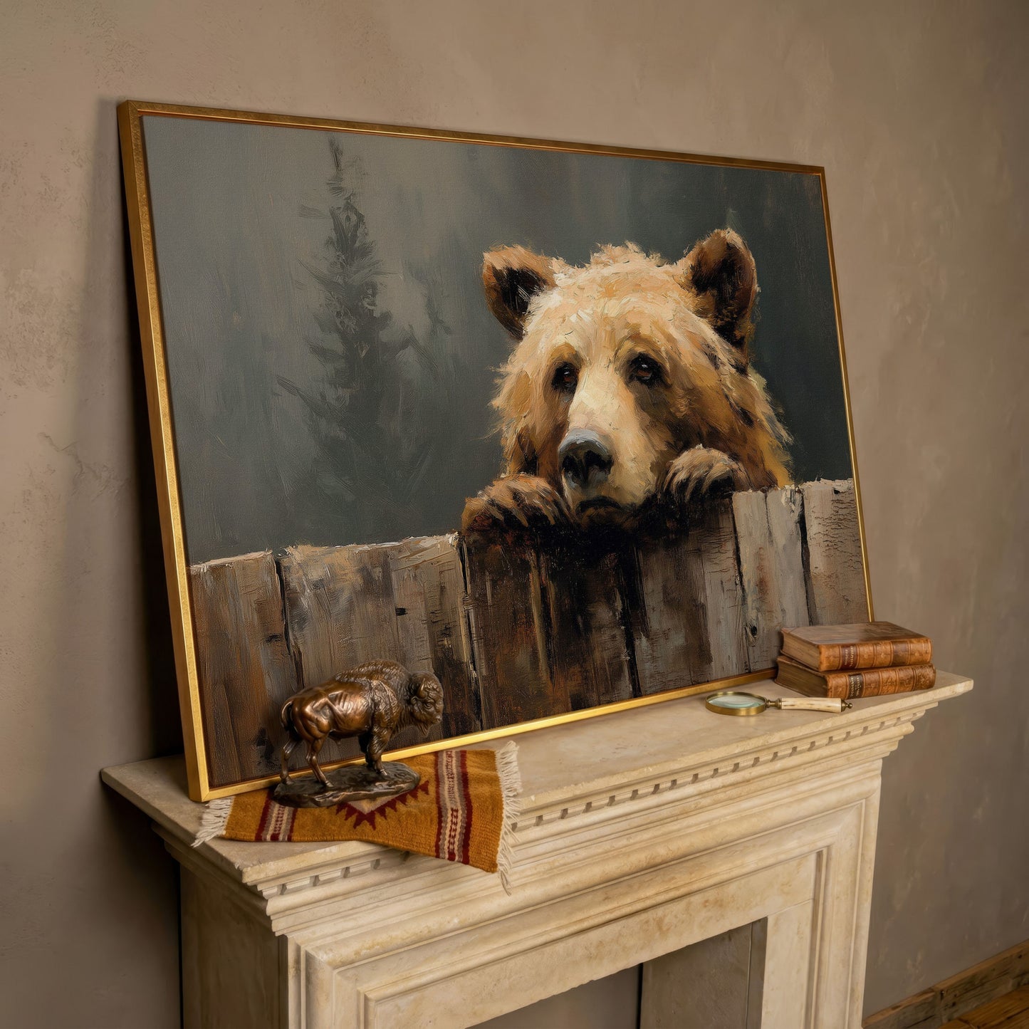 Brown Bear Peeking Over a Fence. Canvas Wall Art in rose gold floating frame