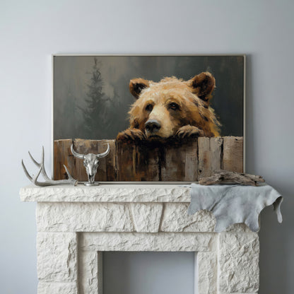 Brown Bear Peeking Over a Fence. Canvas Wall Art in silver floating frame
