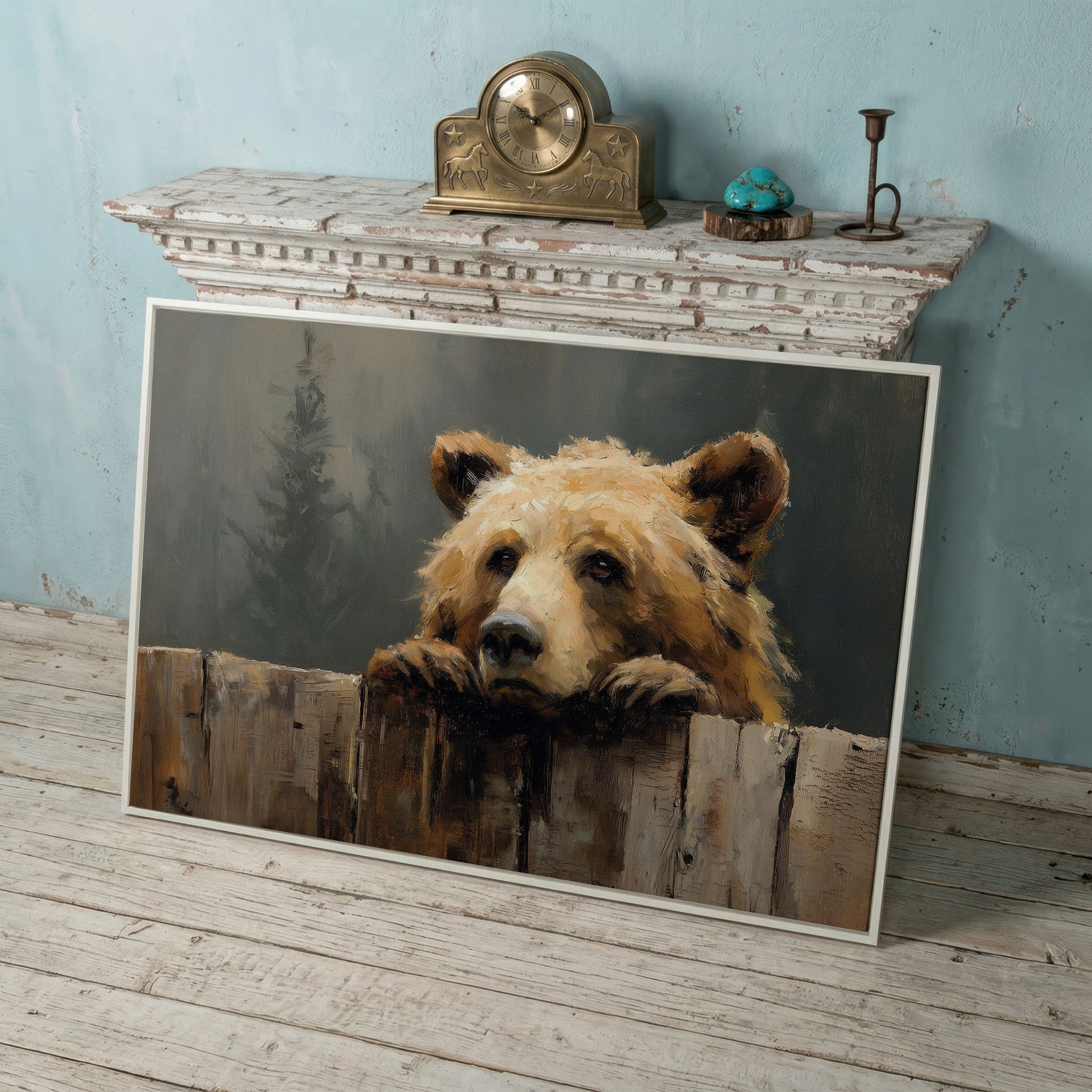 Brown Bear Peeking Over a Fence. Canvas Wall Art in white floating frame