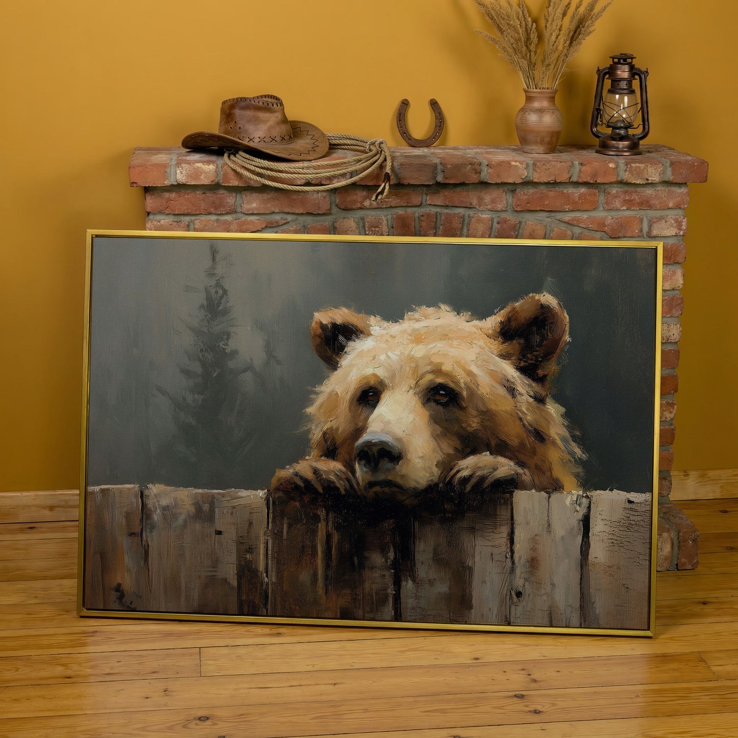 Brown Bear Peeking Over a Fence. Canvas Wall Art in yellow gold floating frame