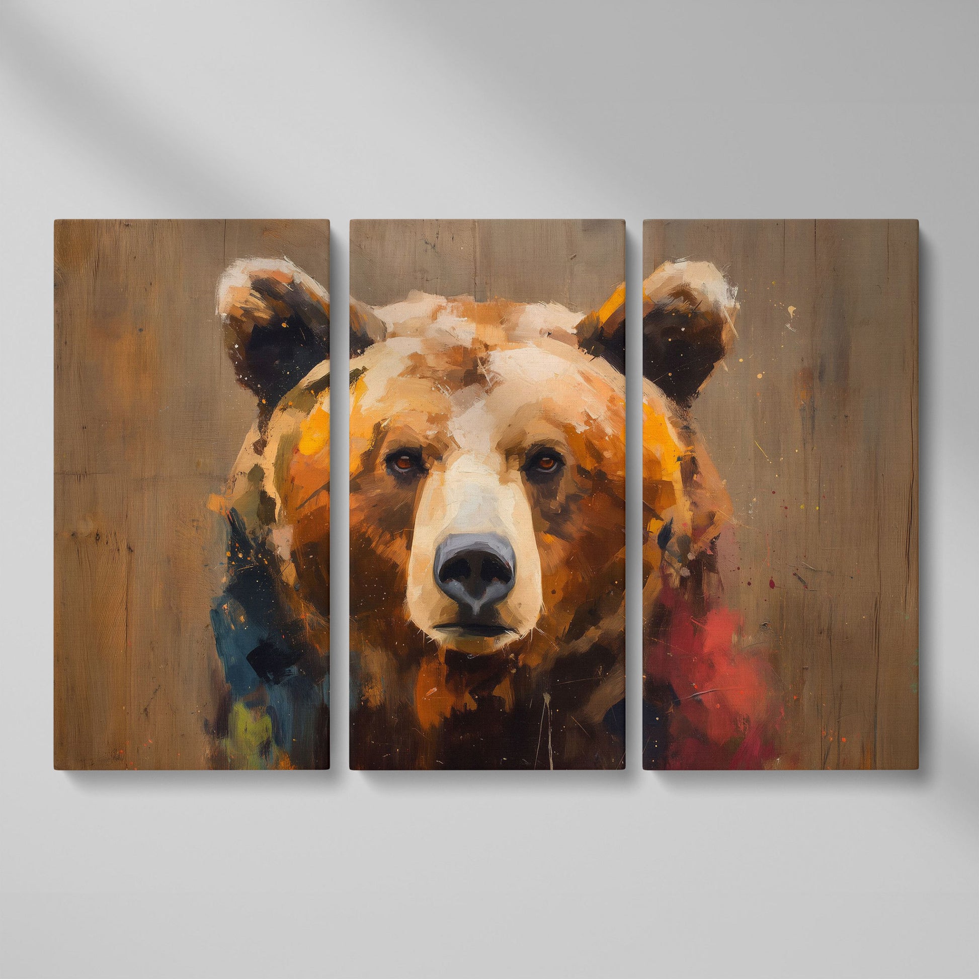 Grizzly Bear Close-Up Canvas Art, Wildlife Portrait Wall Print as 3-panel split version