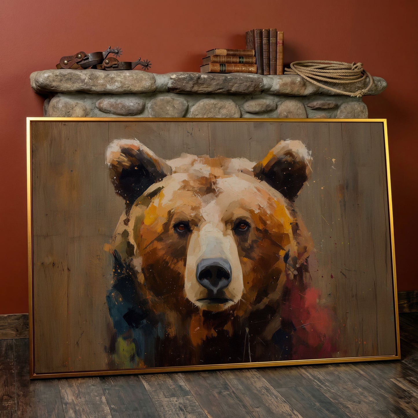 Grizzly Bear Close-Up Canvas Art, Wildlife Portrait Wall Print in antique gold floating frame