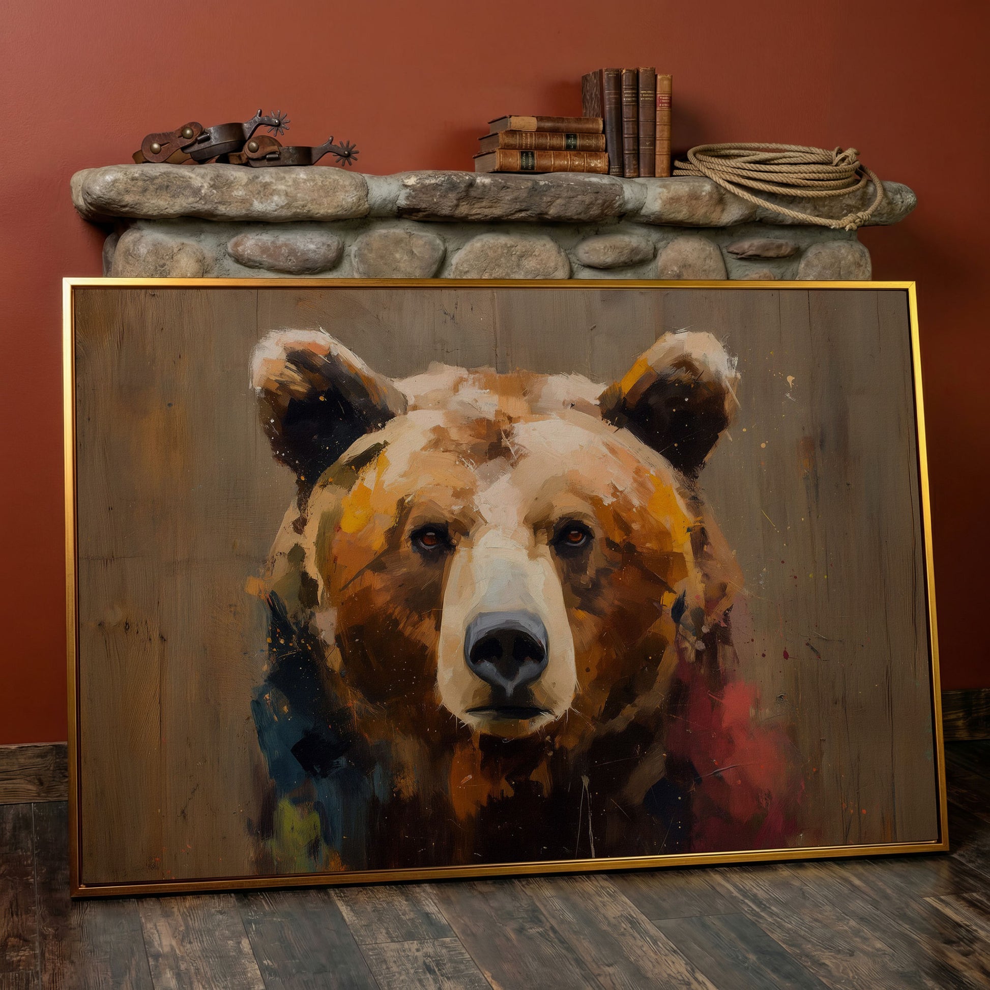 Grizzly Bear Close-Up Canvas Art, Wildlife Portrait Wall Print in antique gold floating frame