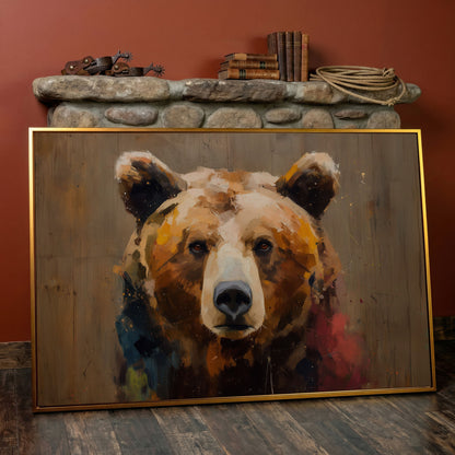 Grizzly Bear Close-Up Canvas Art, Wildlife Portrait Wall Print in antique gold floating frame