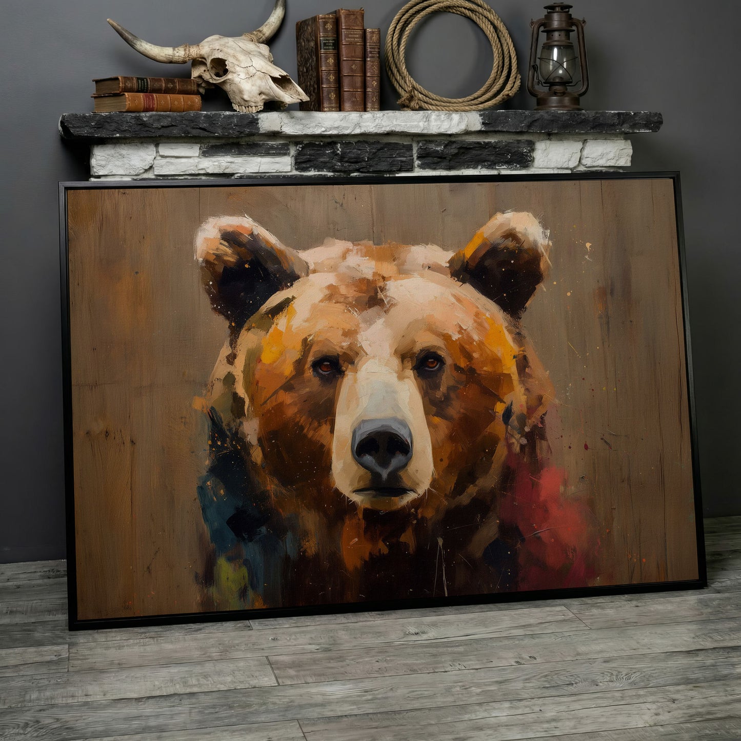 Grizzly Bear Close-Up Canvas Art, Wildlife Portrait Wall Print in black floating frame