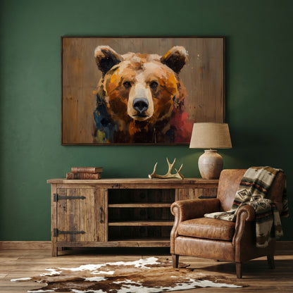 Grizzly Bear Close-Up Canvas Art, Wildlife Portrait Wall Print in dark walnut floating frame