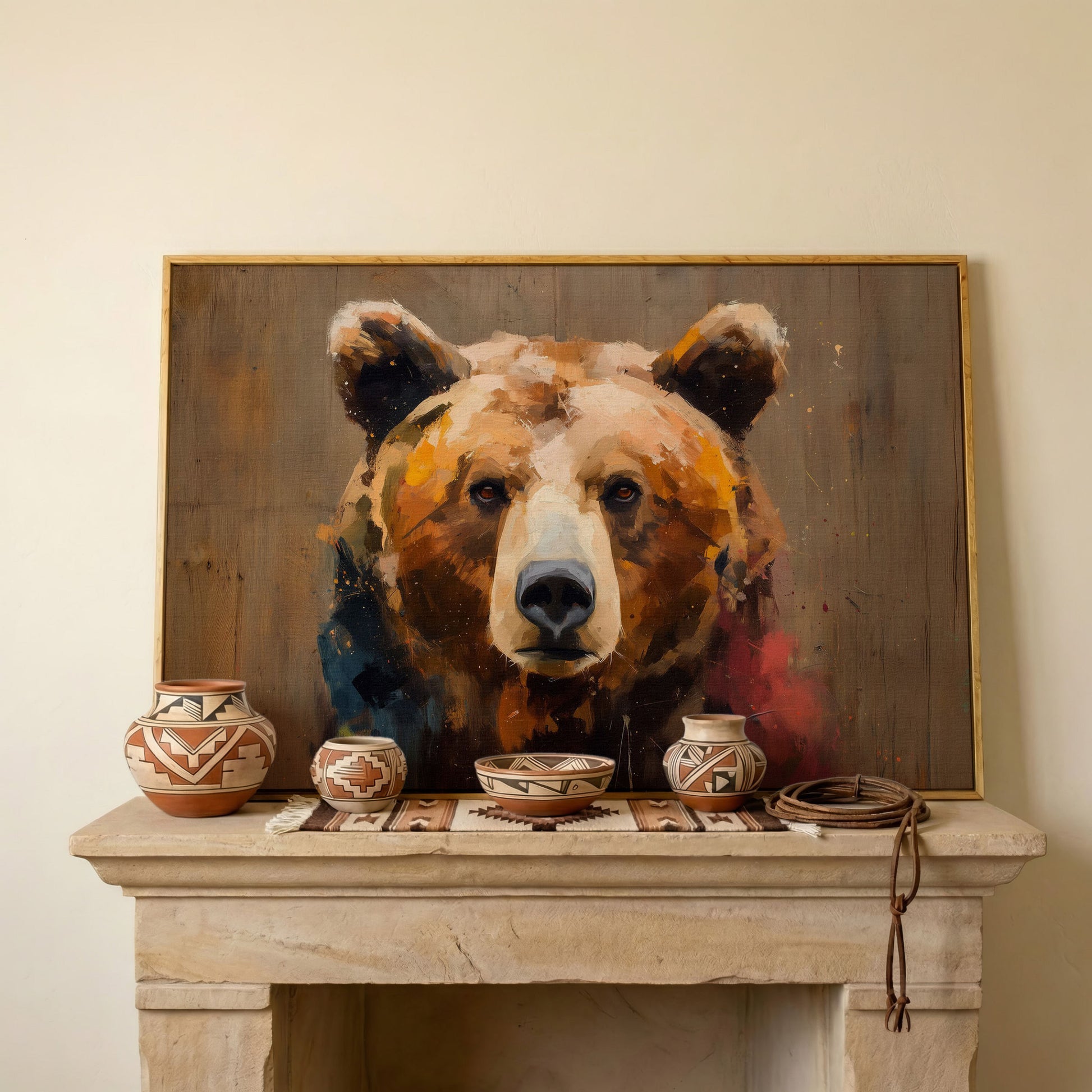 Grizzly Bear Close-Up Canvas Art, Wildlife Portrait Wall Print in white oak floating frame