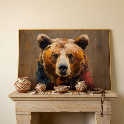 Grizzly Bear Close-Up Canvas Art, Wildlife Portrait Wall Print in white oak floating frame