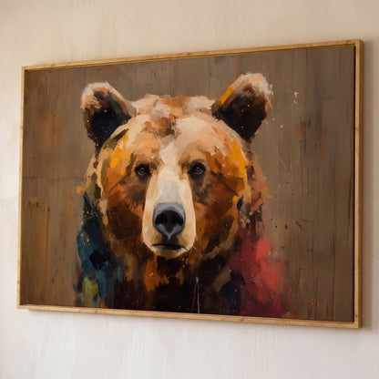 Grizzly Bear Close-Up Canvas Art, Wildlife Portrait Wall Print shown in white oak floating frame