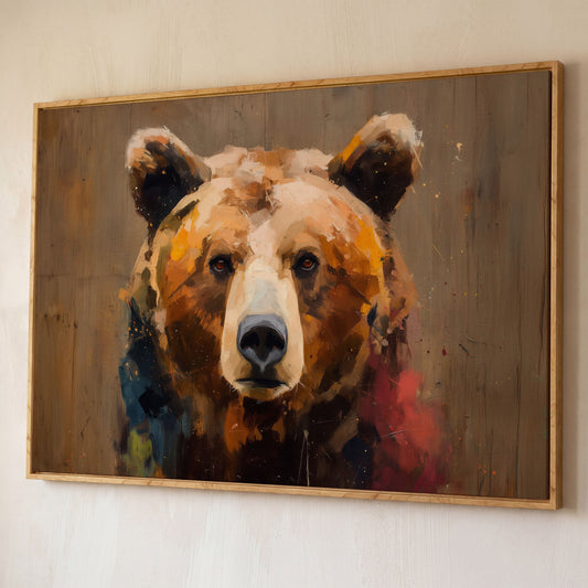 Grizzly Bear Close-Up Canvas Art, Wildlife Portrait Wall Print shown in white oak floating frame