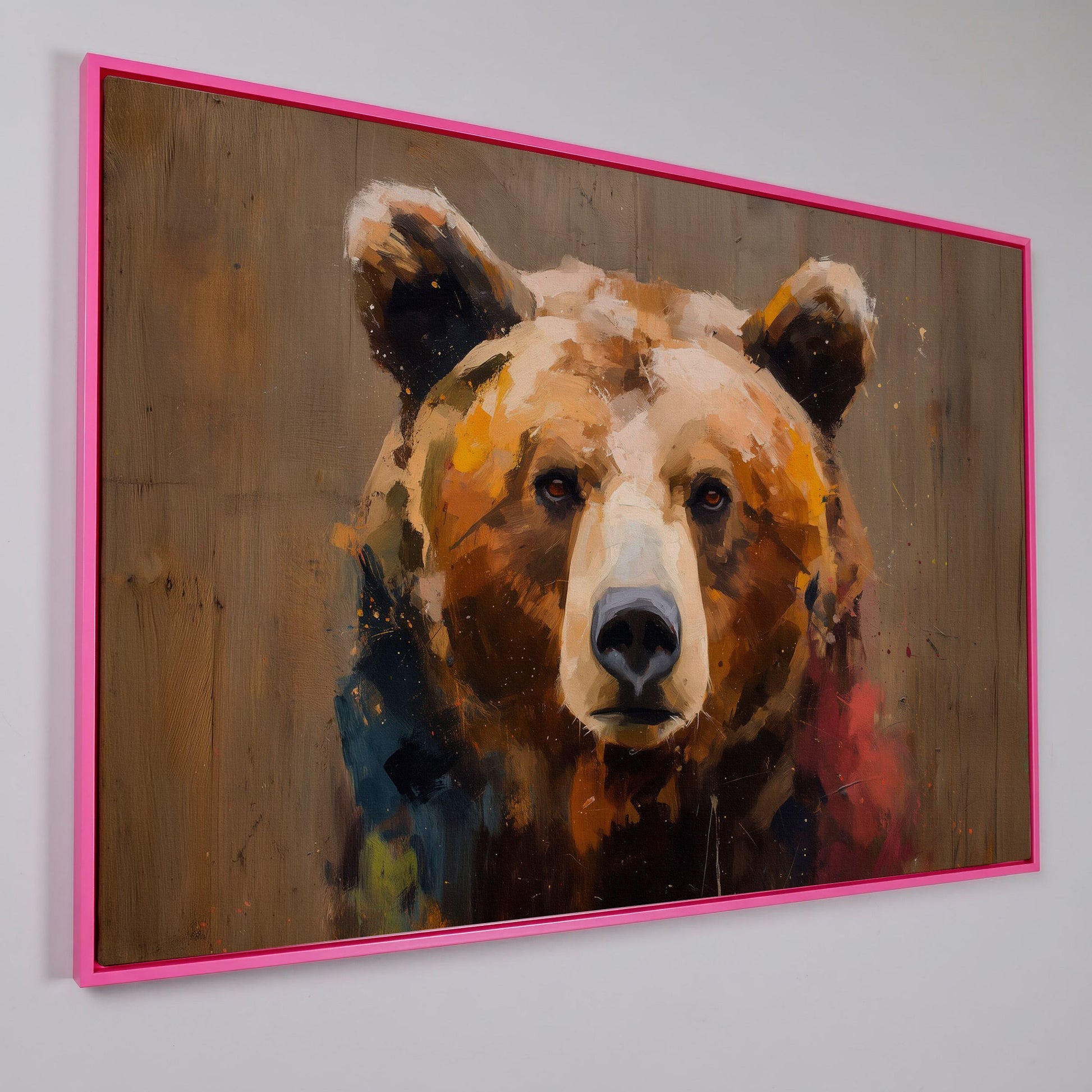 Grizzly Bear Close-Up Canvas Art, Wildlife Portrait Wall Print in pink floating frame