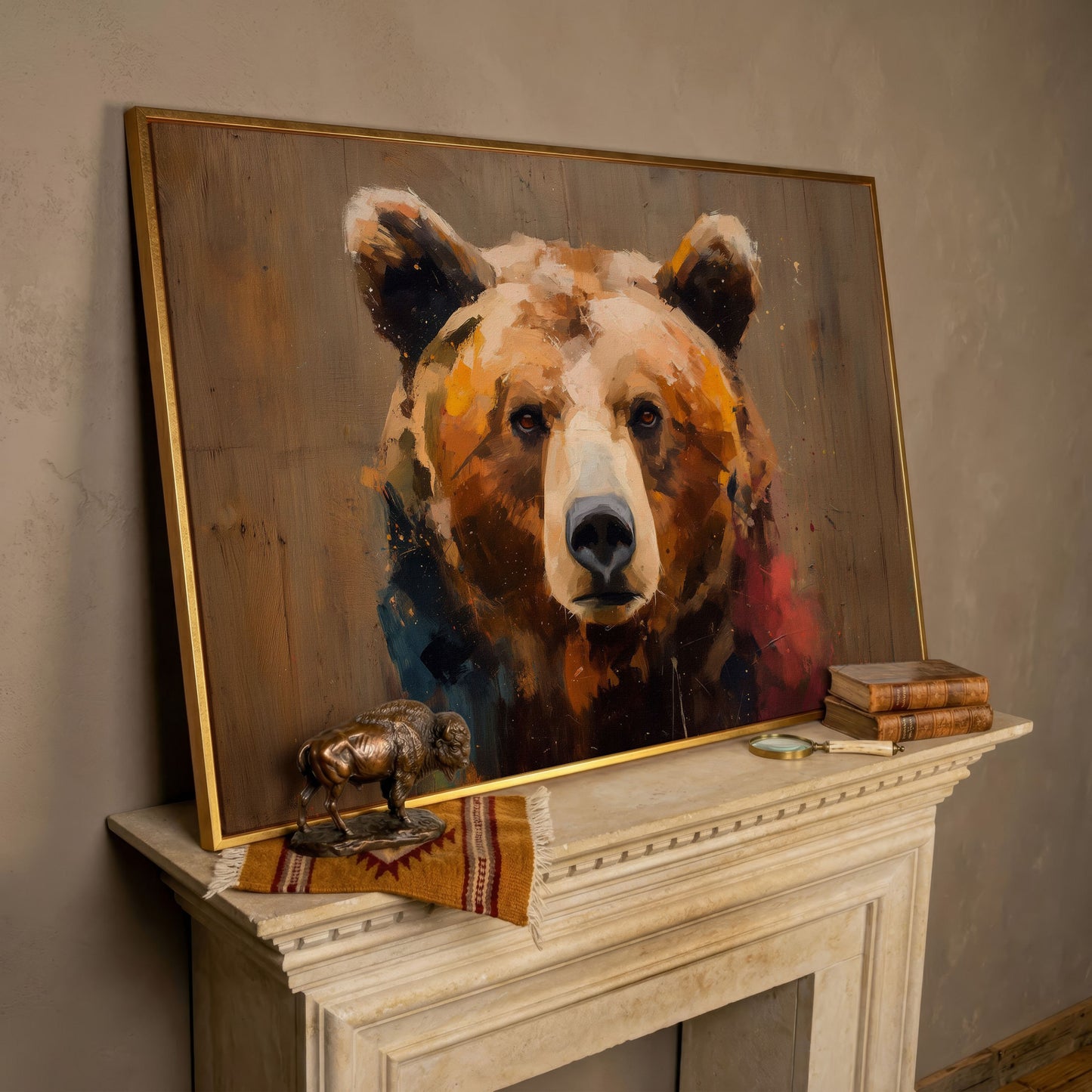 Grizzly Bear Close-Up Canvas Art, Wildlife Portrait Wall Print in rose gold floating frame
