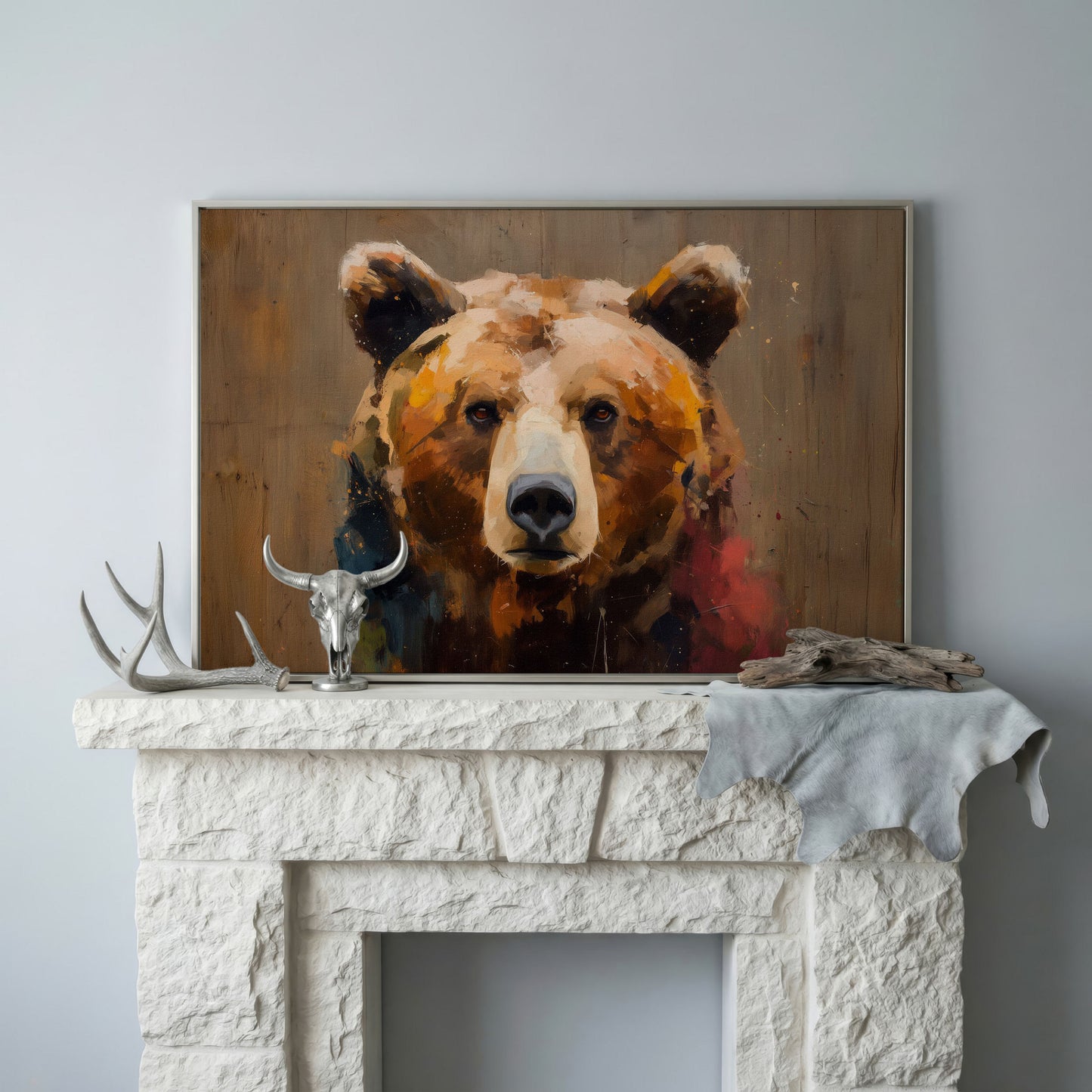 Grizzly Bear Close-Up Canvas Art, Wildlife Portrait Wall Print in silver floating frame