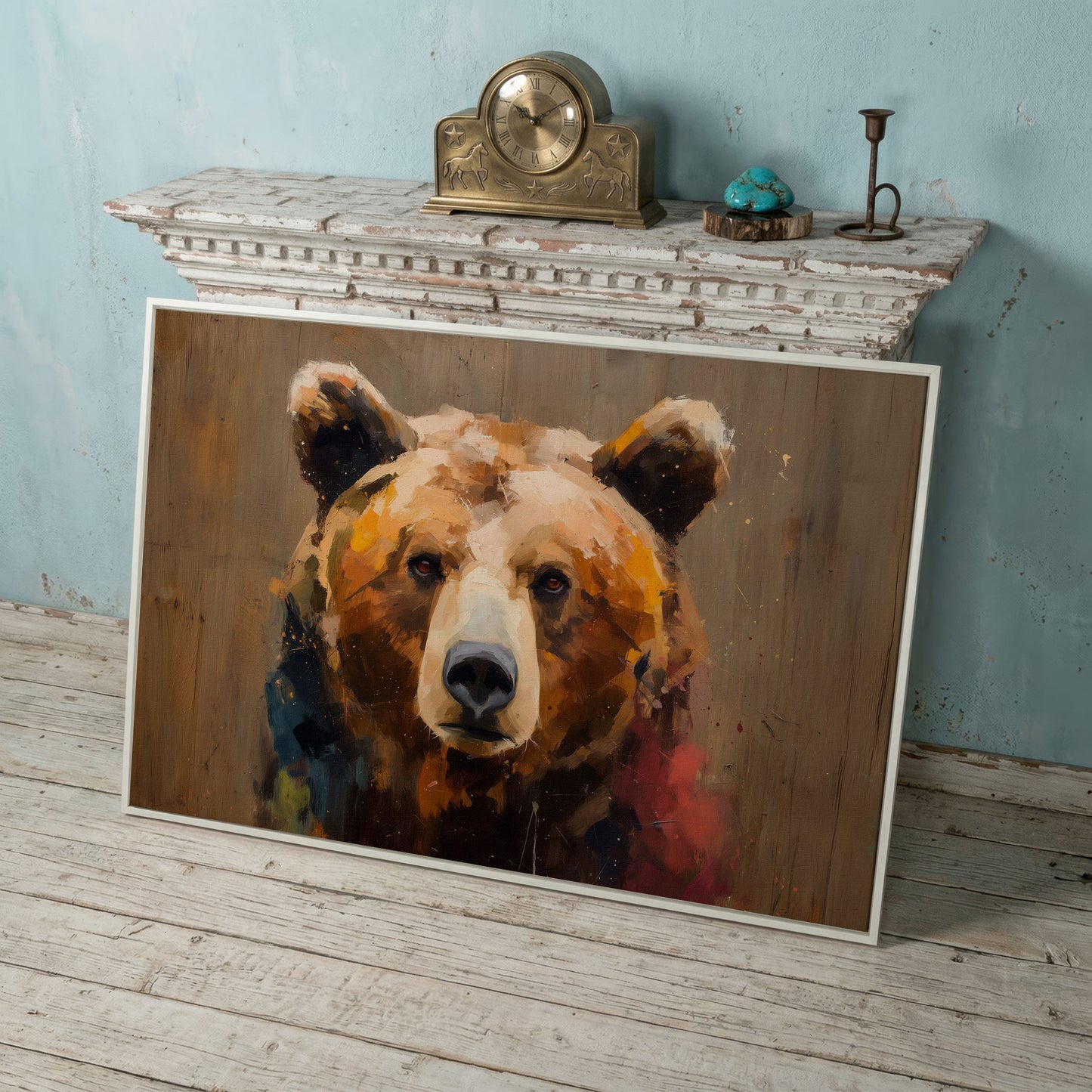 Grizzly Bear Close-Up Canvas Art, Wildlife Portrait Wall Print in white floating frame