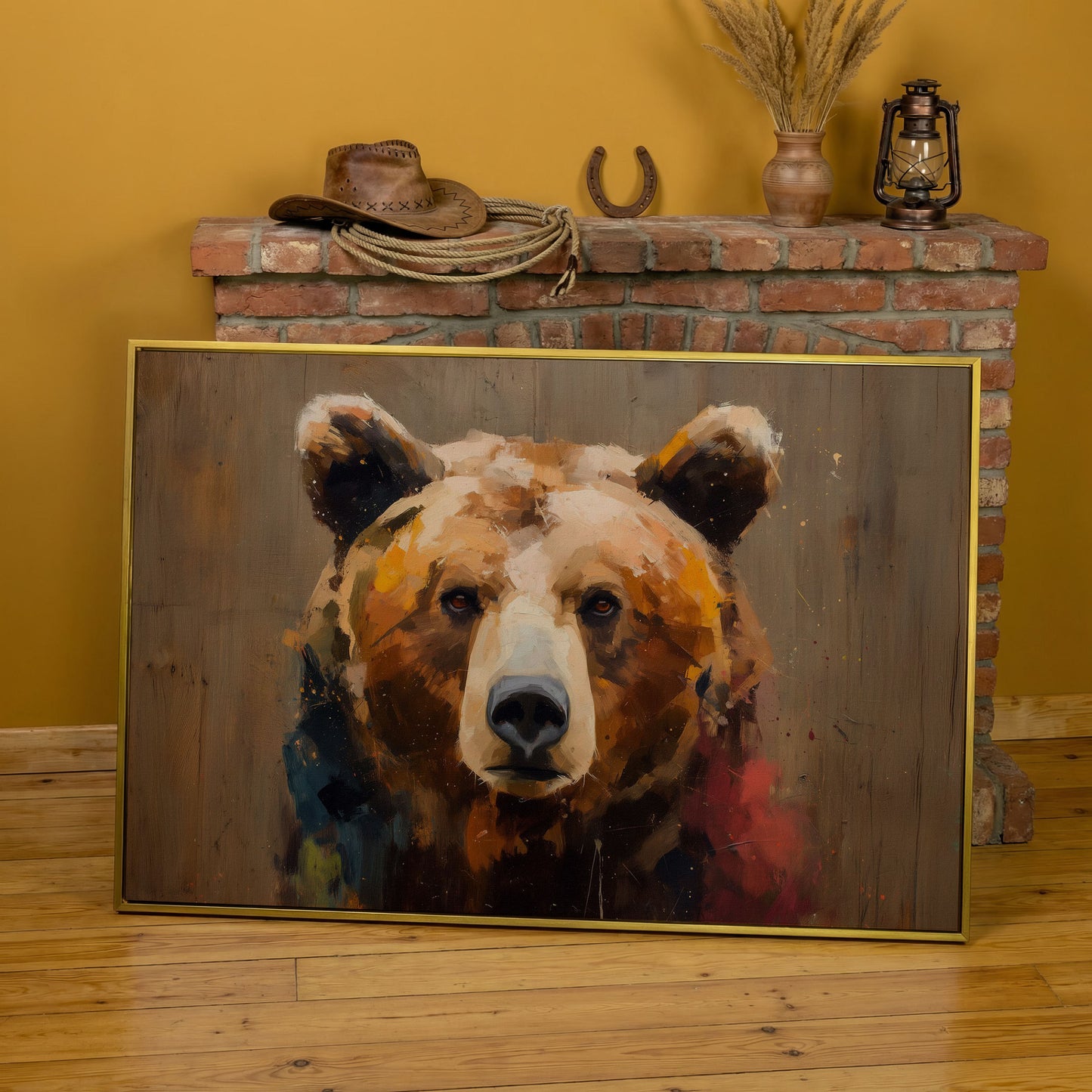 Grizzly Bear Close-Up Canvas Art, Wildlife Portrait Wall Print in yellow gold floating frame
