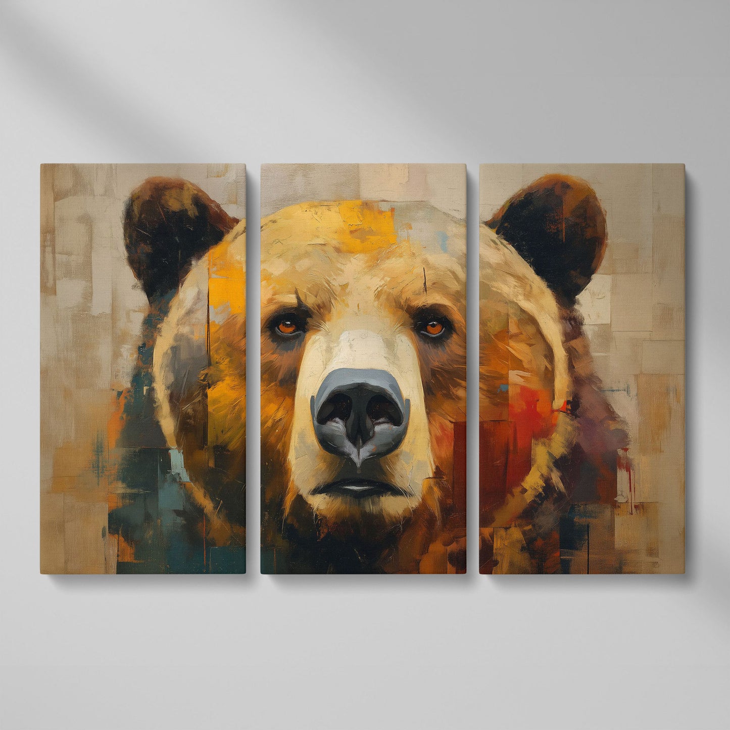 Grizzly Bear Close-Up Canvas Wall Art, Wildlife Portrait Print as 3-panel split version