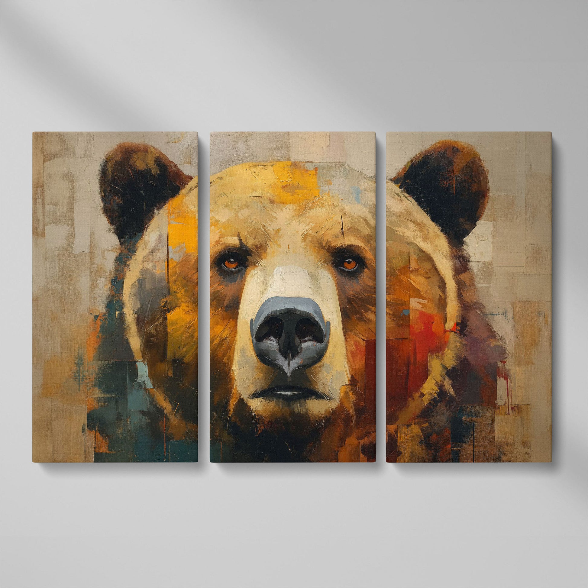 Grizzly Bear Close-Up Canvas Wall Art, Wildlife Portrait Print as 3-panel split version