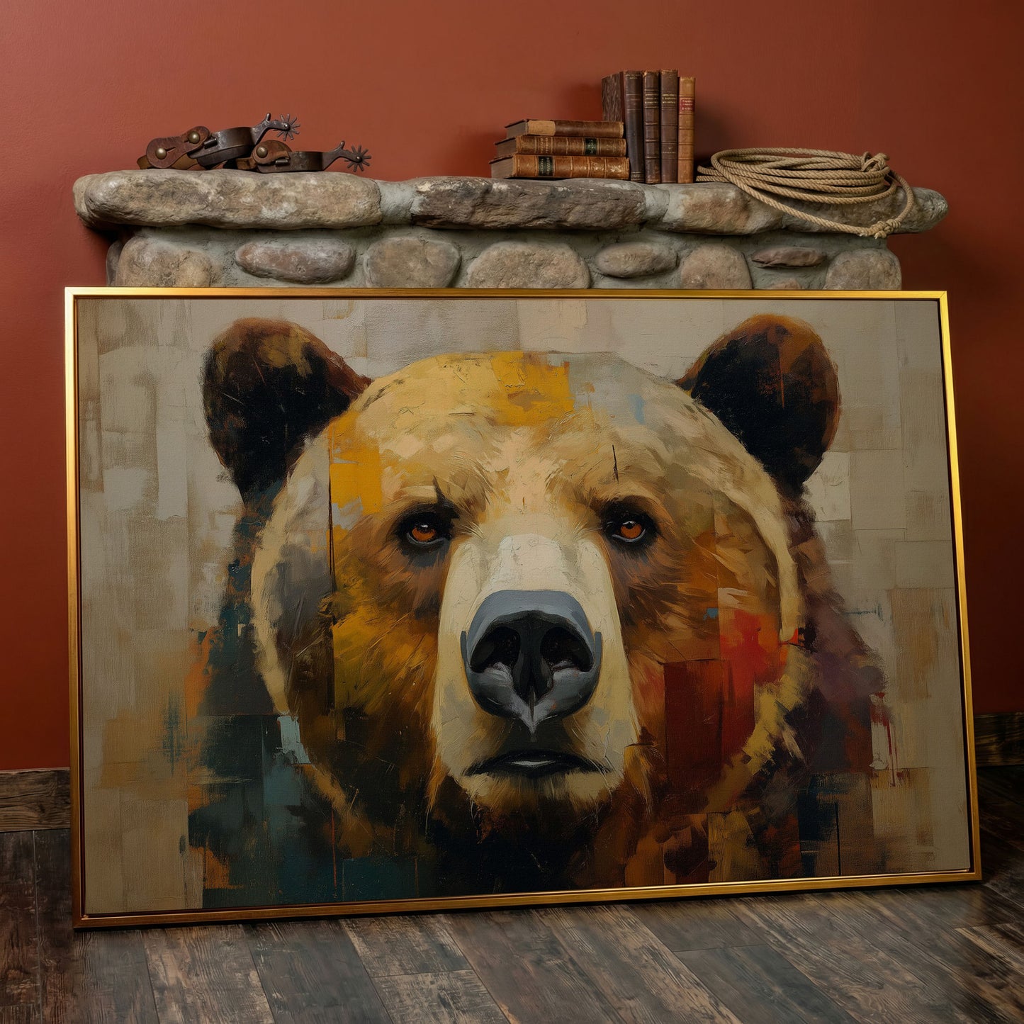 Grizzly Bear Close-Up Canvas Wall Art, Wildlife Portrait Print in antique gold floating frame