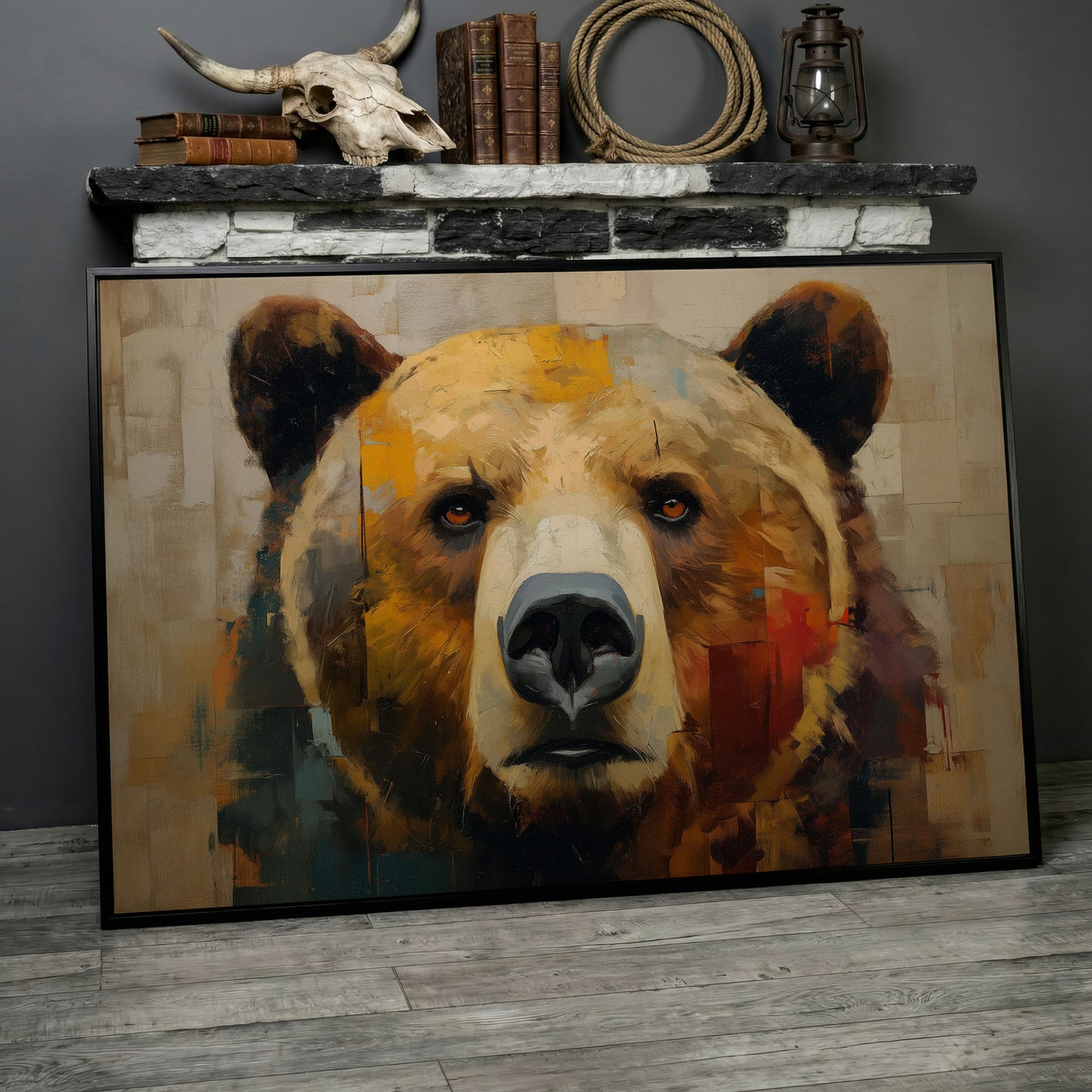Grizzly Bear Close-Up Canvas Wall Art, Wildlife Portrait Print in black floating frame