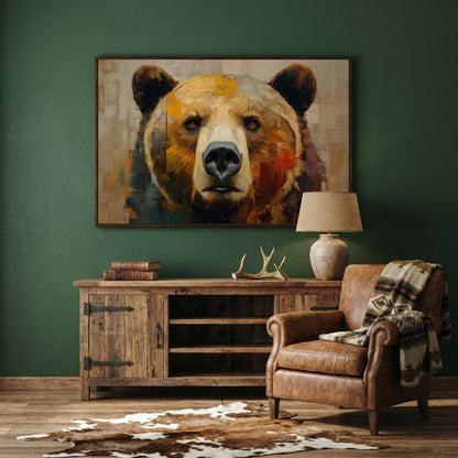 Grizzly Bear Close-Up Canvas Wall Art, Wildlife Portrait Print in dark walnut floating frame