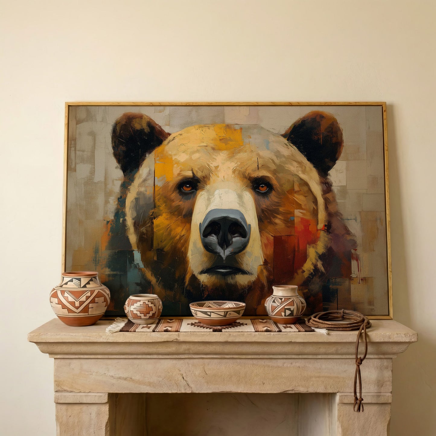 Grizzly Bear Close-Up Canvas Wall Art, Wildlife Portrait Print in white oak floating frame