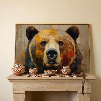 Grizzly Bear Close-Up Canvas Wall Art, Wildlife Portrait Print in white oak floating frame