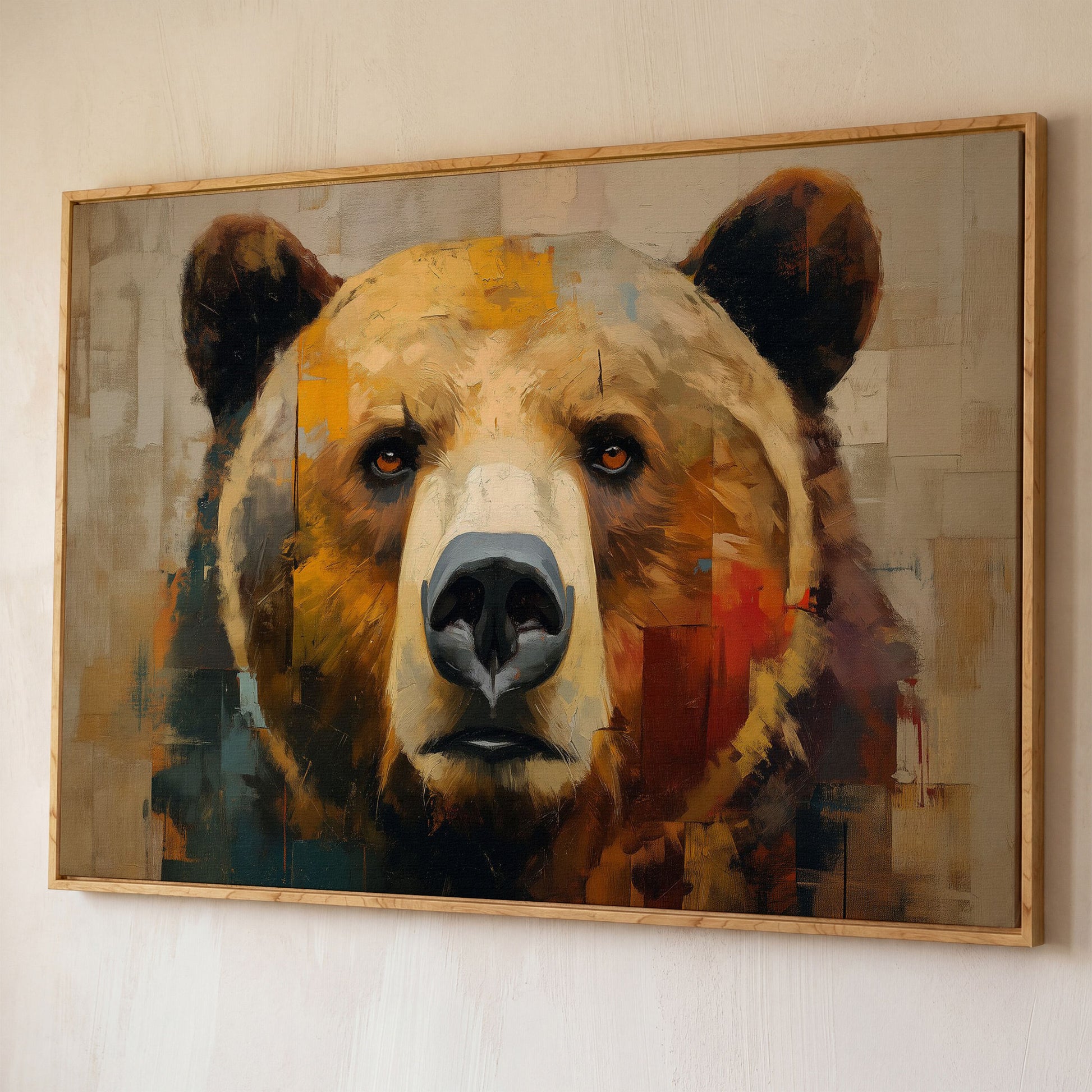 Grizzly Bear Close-Up Canvas Wall Art, Wildlife Portrait Print shown in white oak floating frame