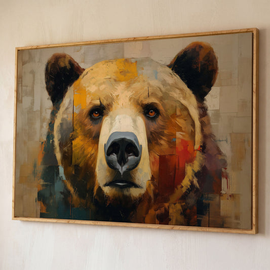 Grizzly Bear Close-Up Canvas Wall Art, Wildlife Portrait Print shown in white oak floating frame