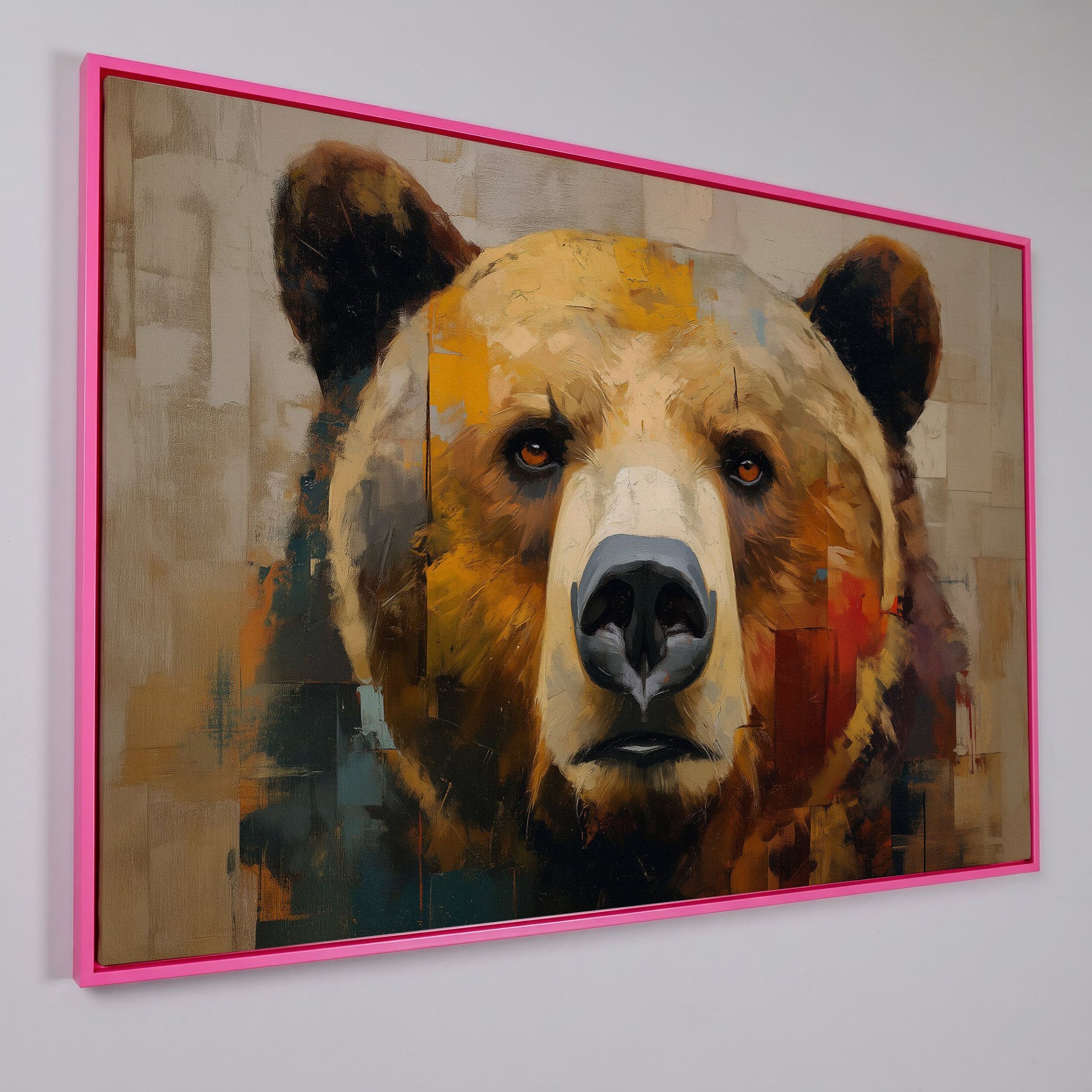 Grizzly Bear Close-Up Canvas Wall Art, Wildlife Portrait Print in pink floating frame
