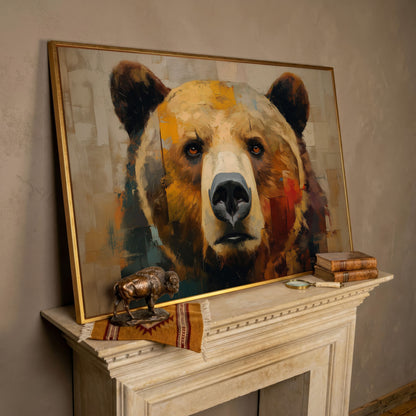 Grizzly Bear Close-Up Canvas Wall Art, Wildlife Portrait Print in rose gold floating frame