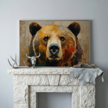 Grizzly Bear Close-Up Canvas Wall Art, Wildlife Portrait Print in silver floating frame