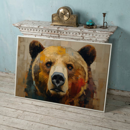 Grizzly Bear Close-Up Canvas Wall Art, Wildlife Portrait Print in white floating frame